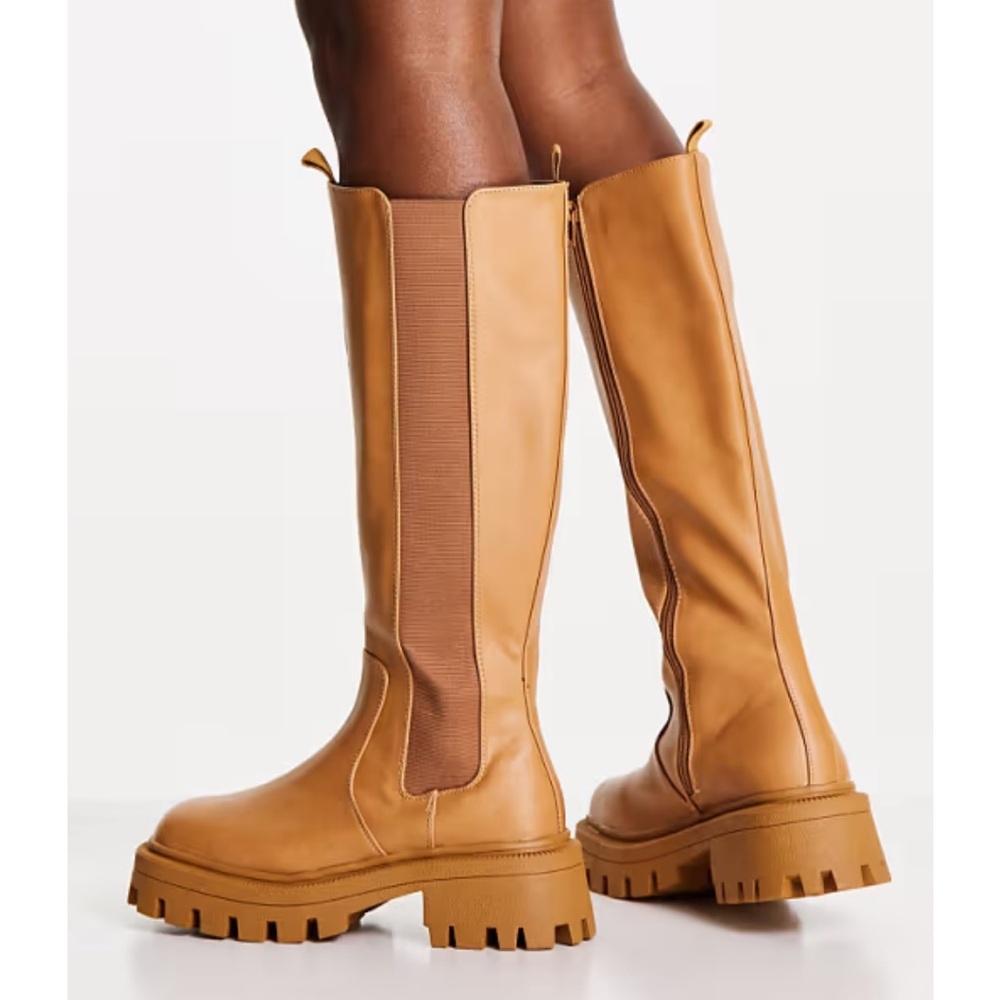ASOS DESIGN Chestnut square toe chunky knee boots in camel